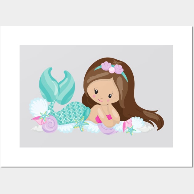 Little Mermaid, Cute Mermaid, Shells, Brown Hair Wall Art by Jelena Dunčević